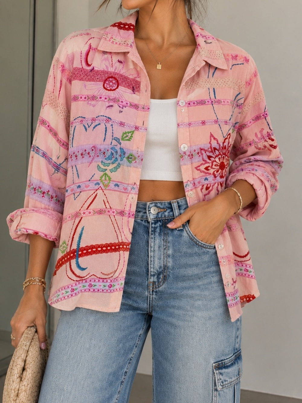 Vintage tantrums 100% cotton jacket Pink Embroidered Button-Up Jacket